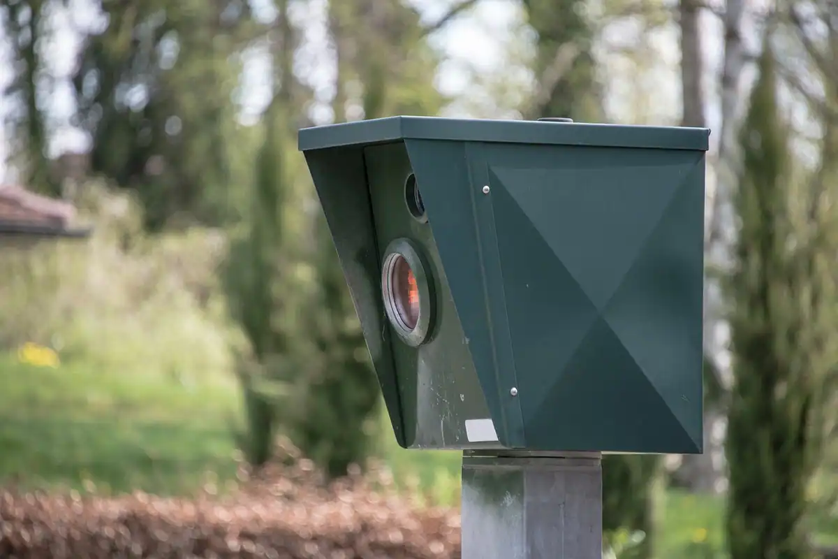 Aparat radar verde montat pe un stâlp lângă un drum, printre copaci
