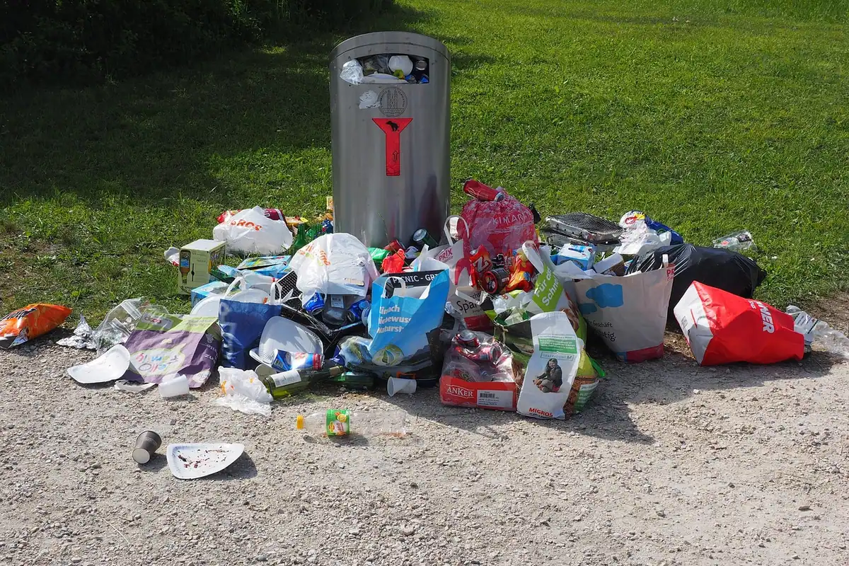 Mănuși de lucru și un sac de gunoi folosite la curățenia unui parc