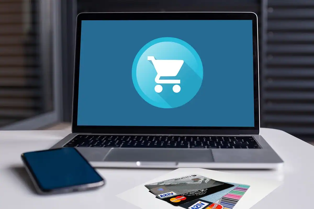 Ecranul unui laptop cu pagina de plată a unui magazin online și un preț afișat