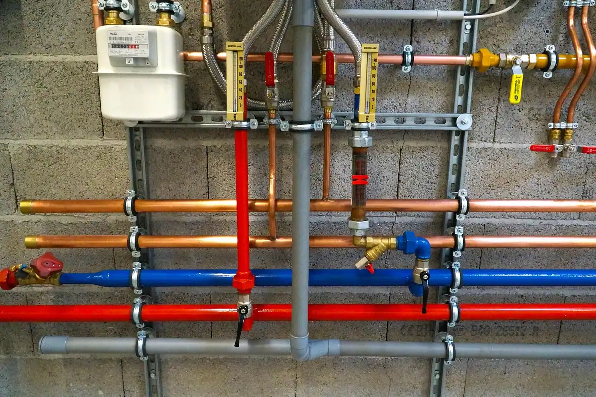 Contor de gaz și țevi colorate montate pe un perete de bloc