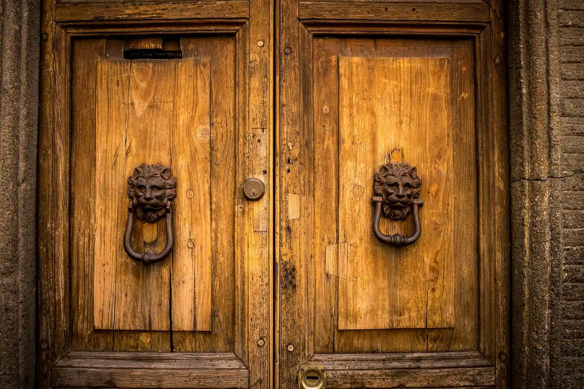 Ușă de la intrarea unei case, la care bate un vânzător ambulant
